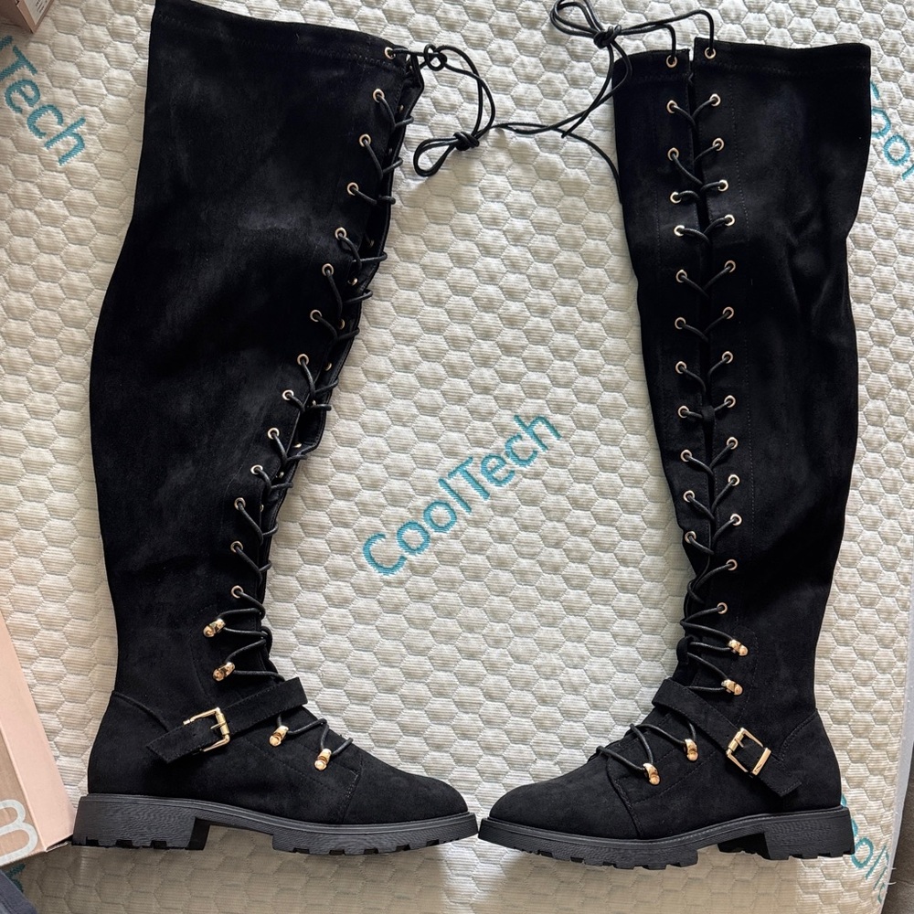 JustFab Black Lace-Up Over-the-Knee Boots